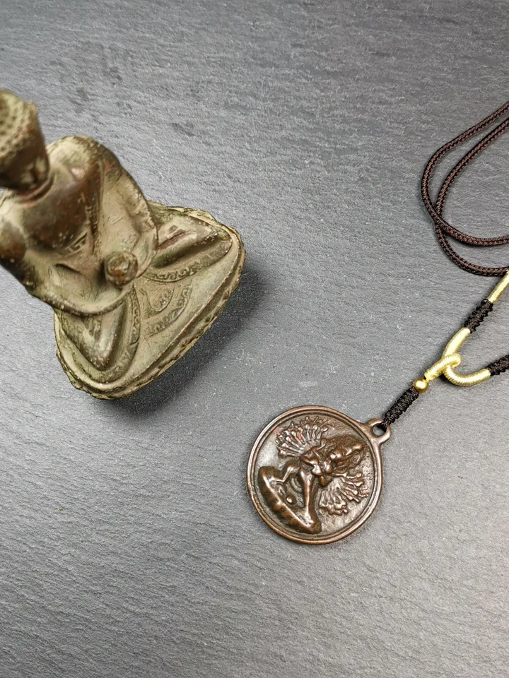 Gandhanra Antique Tibetan Thokcha Amulet,Chakrasamvara with Vajravarahi Badge, Buddhist Protector Deity Pendant,1.3&quot;
