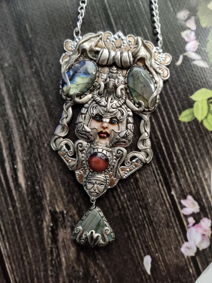 Necklace Goddess Hera, Art Nouveau style, with natural Labradorites and red agat