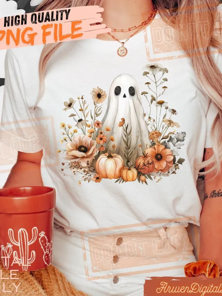 Halloween PNG, Spooky Ghost, Autumn sublimation design, Fall PNG, Pumpkins, leaves PNG, Watercolor Sublimation, Instant download, Ghouls