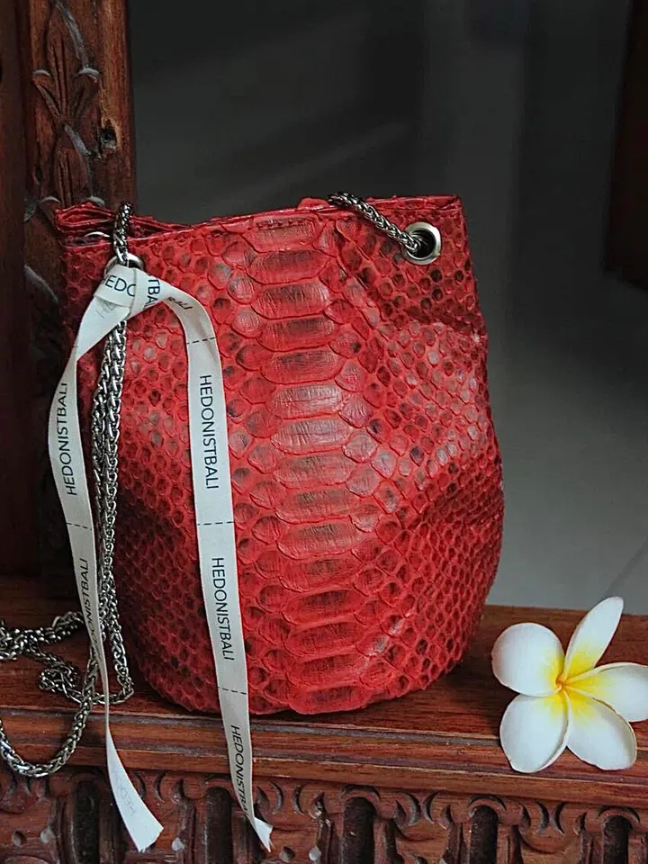 Genuine python skin bucket red chain bag / designer women purse / bright soft bag / exotic leather bags free shipping | gift for her