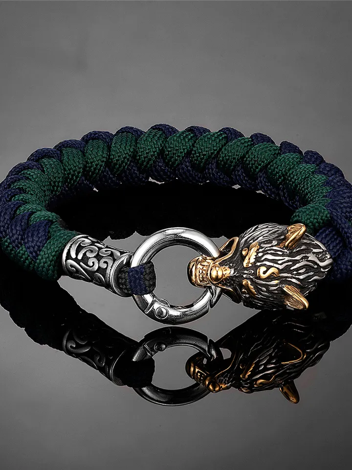 Stainless Steel Wolf Head Nordic Handmade Paracord Bracelet