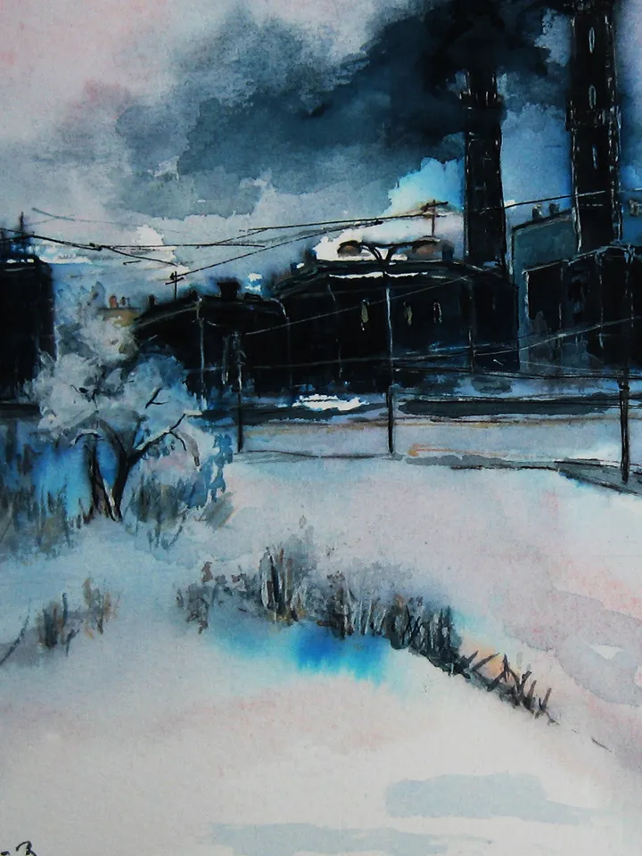Watercolor painting Tram life. Industrial landscape 21x30 cm (8,3x11,6 inches)
