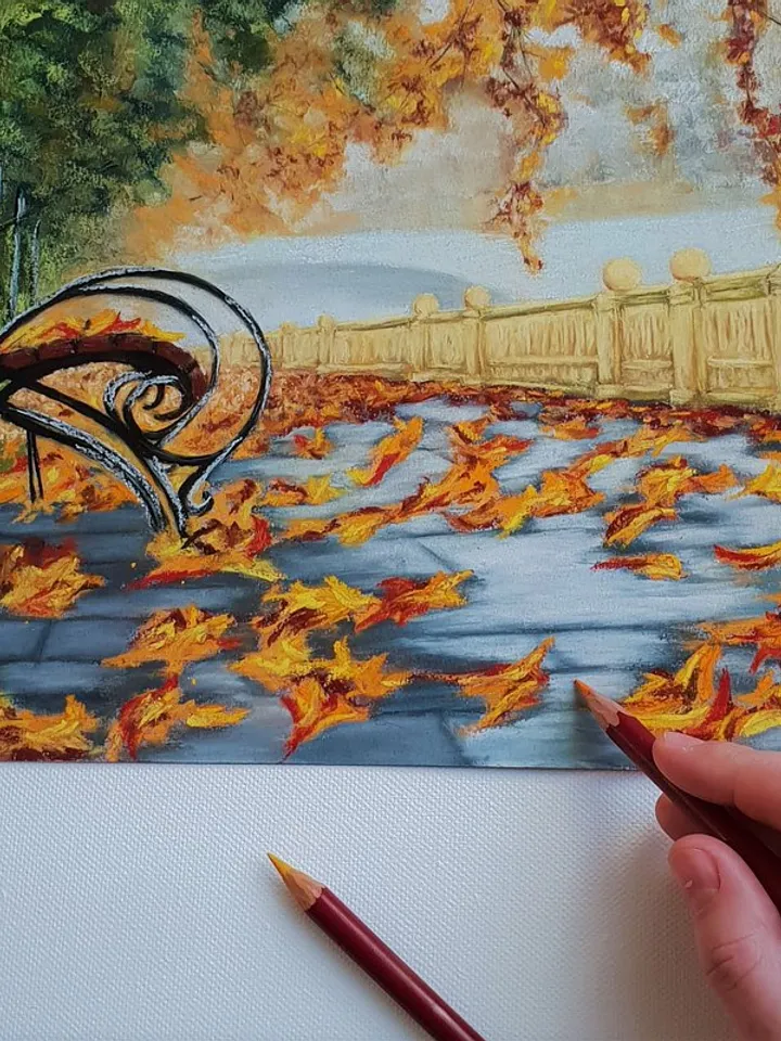 Fall Painting City Original Art Landscape Wall Art Autumn Soft Pastel Painting