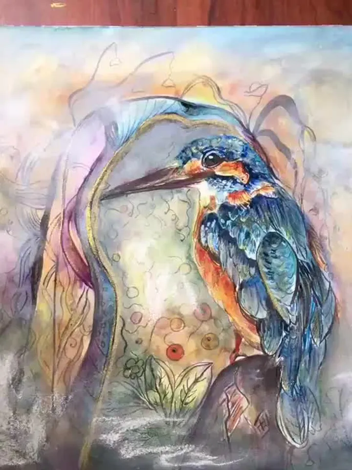 Kingfisher bird original watercolour mix media painting on watercolour paper,birds painting original wall art,interier decoration,gift.
