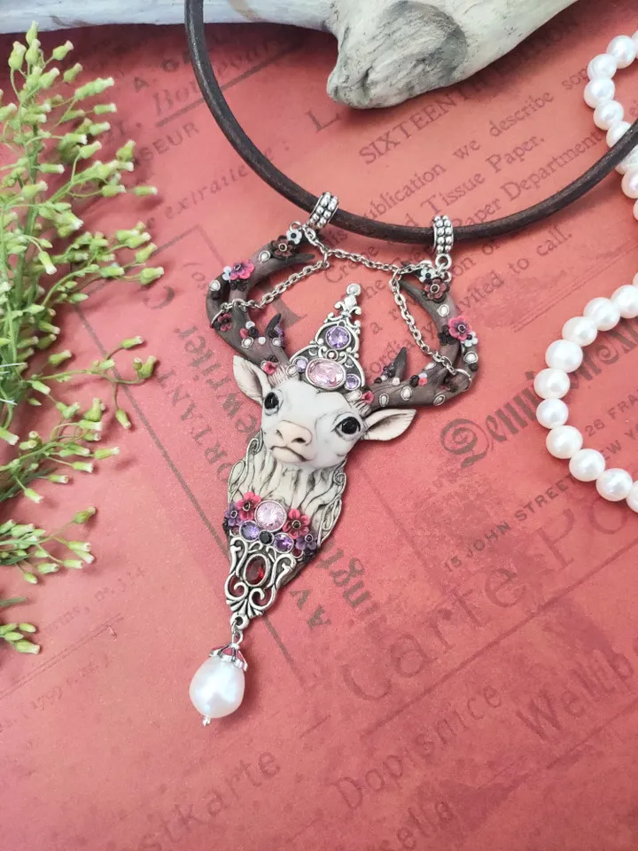 Deer pendant, Deer totem, Pearl pendant, necklace with stones, Ceitic deer amulet