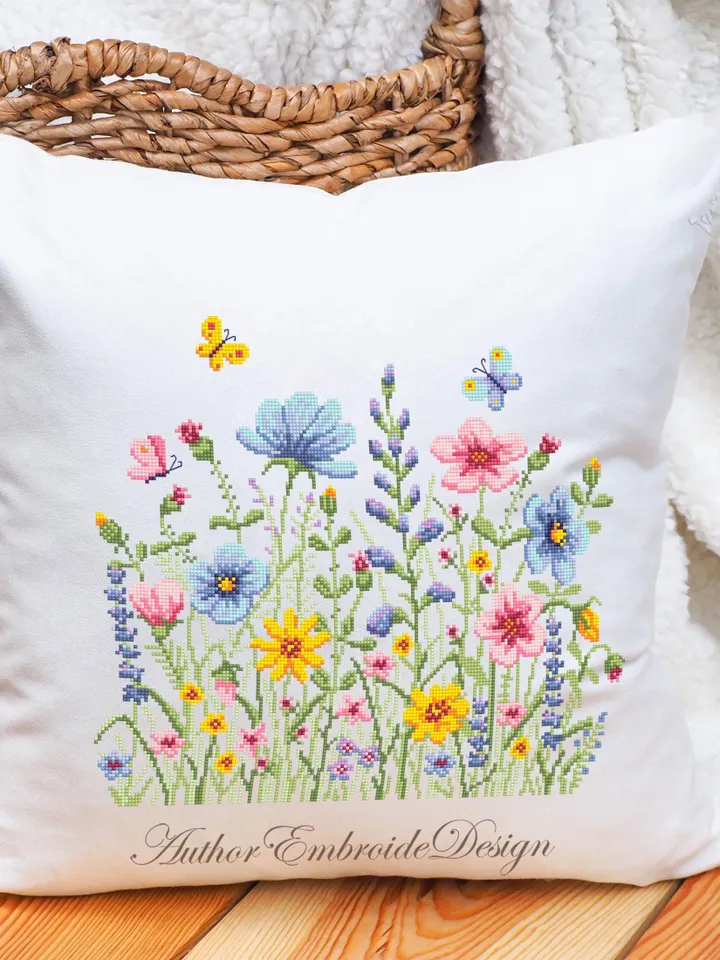 Wildflowers cross stitch pattern PDF instant download Watercolor cross stitch chart, Wild flowers pattern digital PDF, Flower meadow #P51