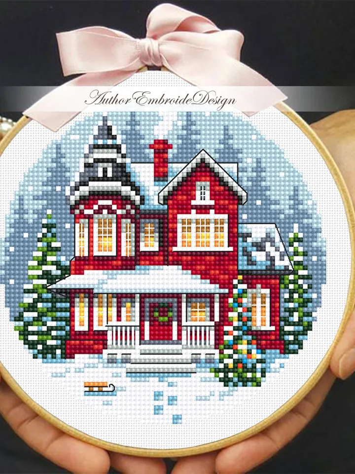 Christmas red house cross stitch pattern PDF download Winter landscape cross stitch chart, Merry Christmas pattern digital PDF #N174