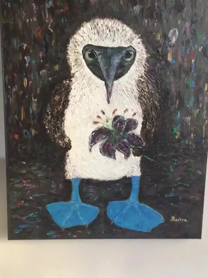 Blue footed booby painting on canvas,Blue footed booby bird holding a lily flower,original mix media painting,impasto,stretched 3 d canva