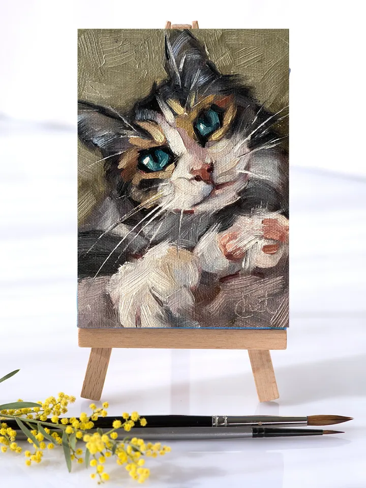 Cat oil painting original, Pet portrait artwork, Animal miniature wall art 4x6
