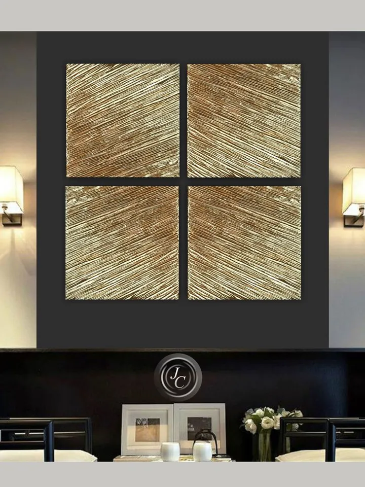 Gold Abstract Wall Art Set of 4 Original Paintings Textured art | Gold Metallic Modern wall decor Gold Leaf Art