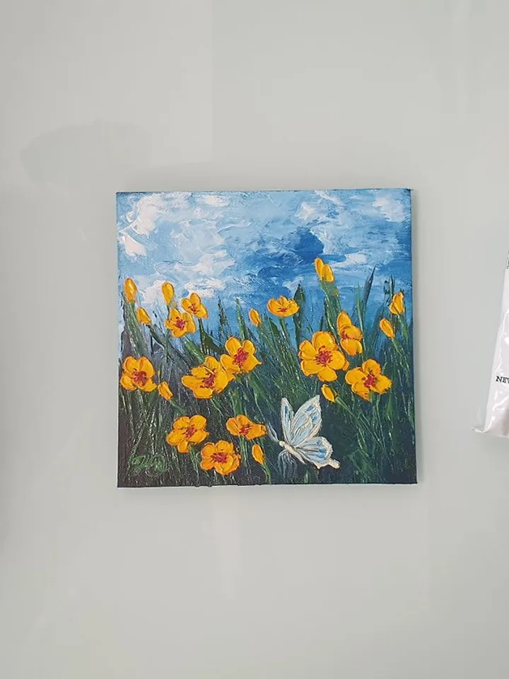 Ranunculus Painting Butterfly Original Art Wildflowers Wall Art Oil Painting