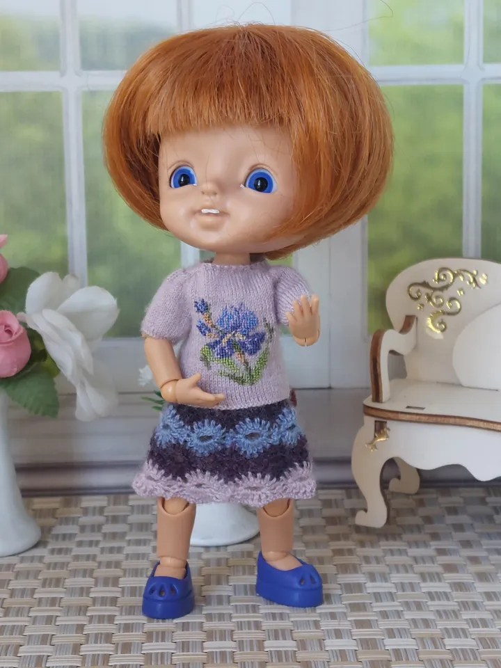 Miniature knitted clothes for doll 4 inches with micro embroidery