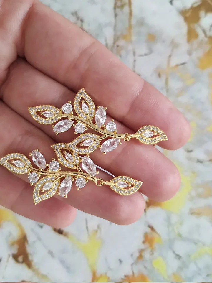 Full Zircon Rose Gold Leaf Wedding Earrings, Art Deco Jewellery Chandelier Statement Earrings, Vintage Style Floral Floral Wedding Jewelry,