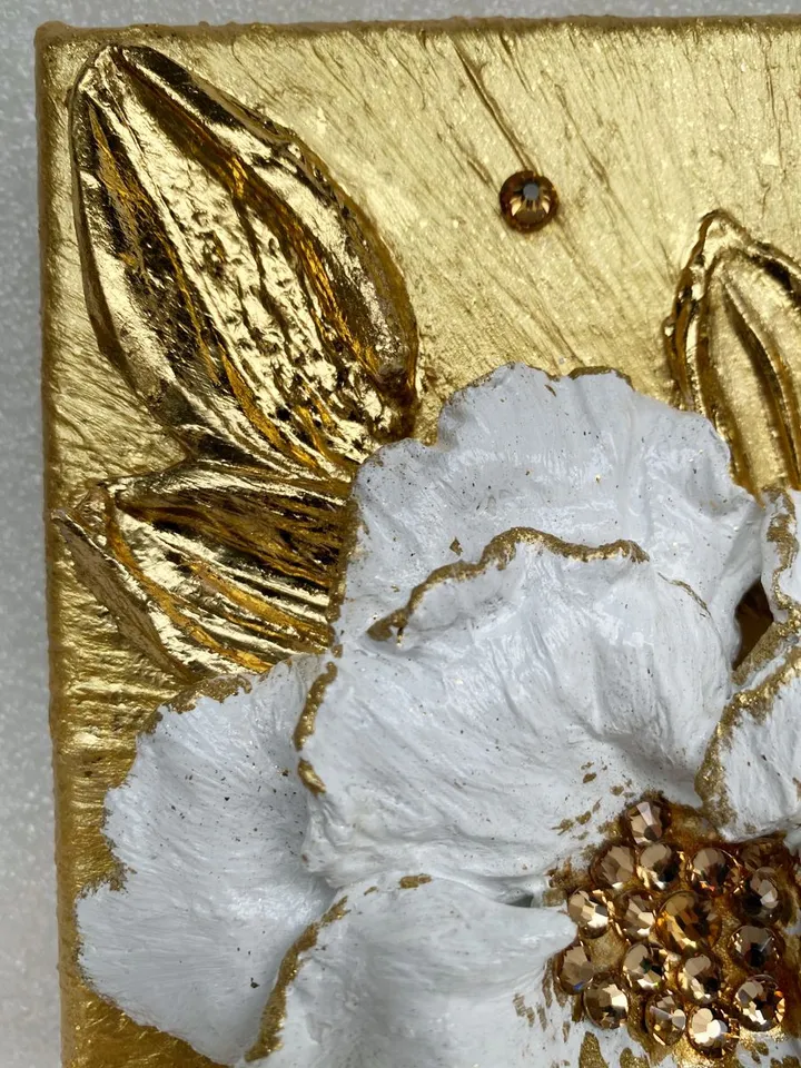 White and Gold Flower art Tea Rose Textured artwork Floral painting by Juliya JC