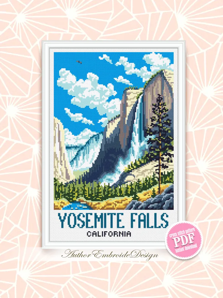 Yosemite falls national park cross stitch pattern PDF download Travel poster cross stitch chart, Mountain landscape pattern digital PDF #L96