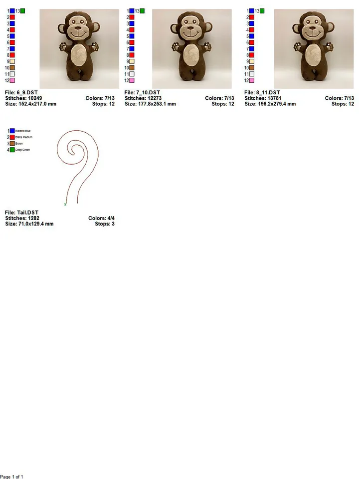 Monkey Stuffed Toy In The Hoop ITH Pattern plush Toy digital design for Machine Embroidery