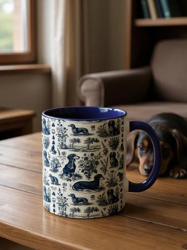 Dachshund Toile de Jouy Mug, Floral Etching Pattern, French Dog Art Cup, Classical Gift Idea, Kitchen Decor, Gift For Pet Owners, Home Decor