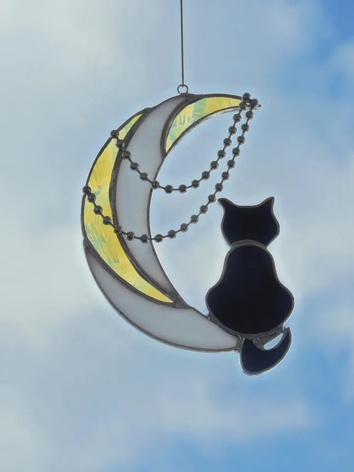 Black Cat On Moon with Chains . Art stained glass hanging Suncatcher . Gift for animal lover , pet loss memorial . White , yellow , black