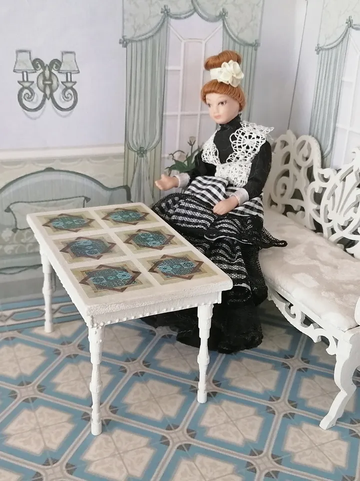 Doll table and sofa. Dollhouse miniature. 1:12. Handmade. Doll furniture. Furniture for doll's kitchen.