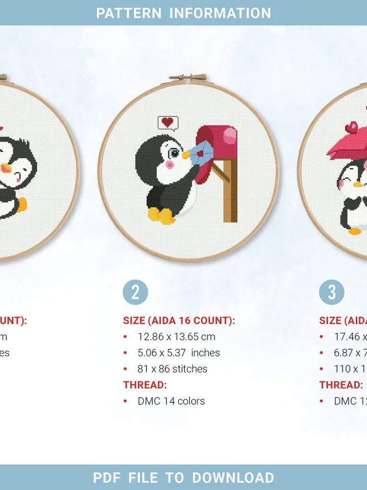 Funny Penguins Love Heart Bundle of 3 ornament nursery valentine's day cross stitch pattern counted chart gift DIY embroidery, instant PDF