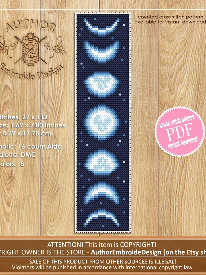 Moon bookmark cross stitch pattern download PDF, Handmade bookmark embroidery PDF, Moon phases cross stitch chart, Starry night sky #B83