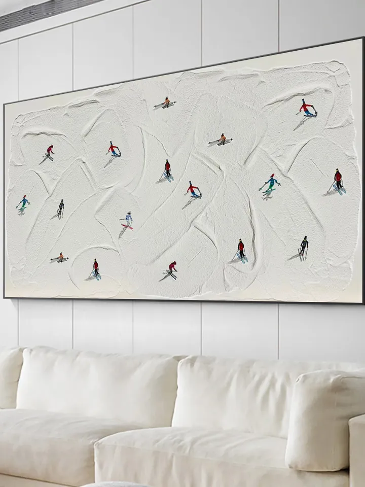 Large Original Ski Sport Painting on Canvas, Texture Wall Art, Skier on Snowy Mountain Art White Snow Skiing Art Custom Painting, Home Decor