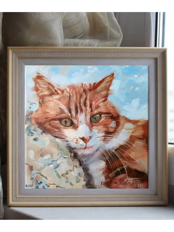 Cat painting Animal Original Art Brown Cat Artwork fine art square canvas art oil painting by Natalia Plotnikova