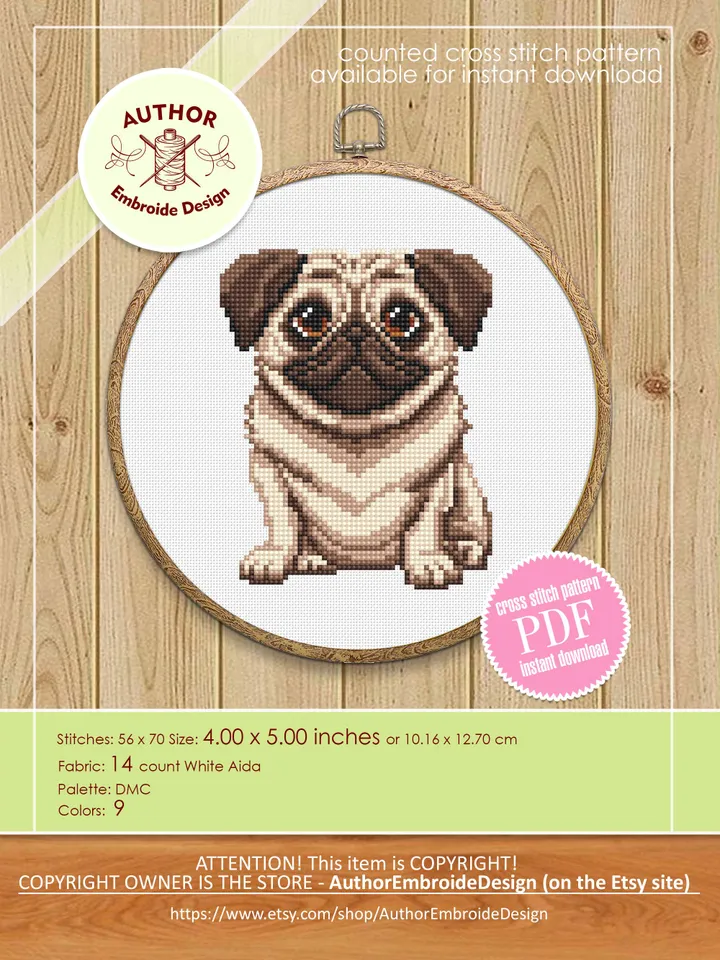 Pug dog cross stitch pattern PDF download Small pet cross stitch chart, Cute dog pattern digital PDF, Pug cross stitch, Dog lover gift #K68