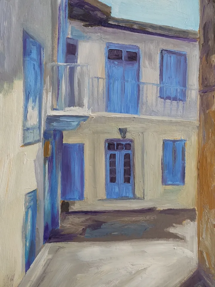 Oil painting on cardboard the house with blue windows