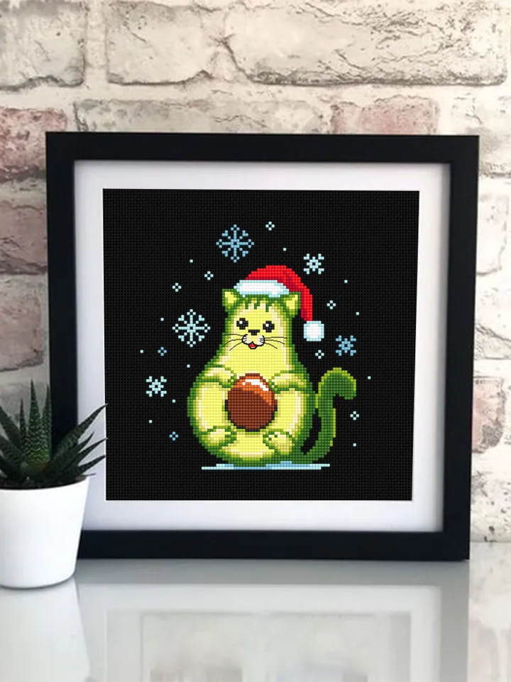 Kawaii Christmas avocado cross stitch pattern download PDF, Funny avocato, Holiday embroidery beginner, Cute kawaii cat cross stitch #N71