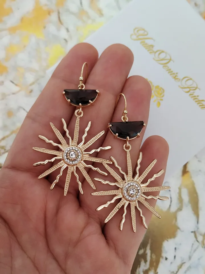 Art Deco Wedding Earrings, Gold Black Boho Bridal Earrings, Sun Celestial Statement Wedding Earrings For Bride, Star Bridal Earrings Jewelry