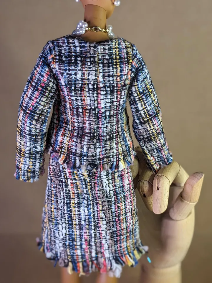Handmade checked black & blue suit with pearl clasps for 16-inch Fashion Royalty dolls (FR16)