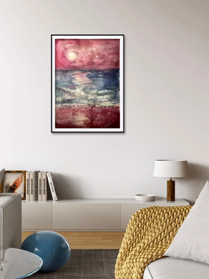 Green and pink sunset original watercolor painting,set of two fantasy wall decoration,landscapes,seascapes painting.