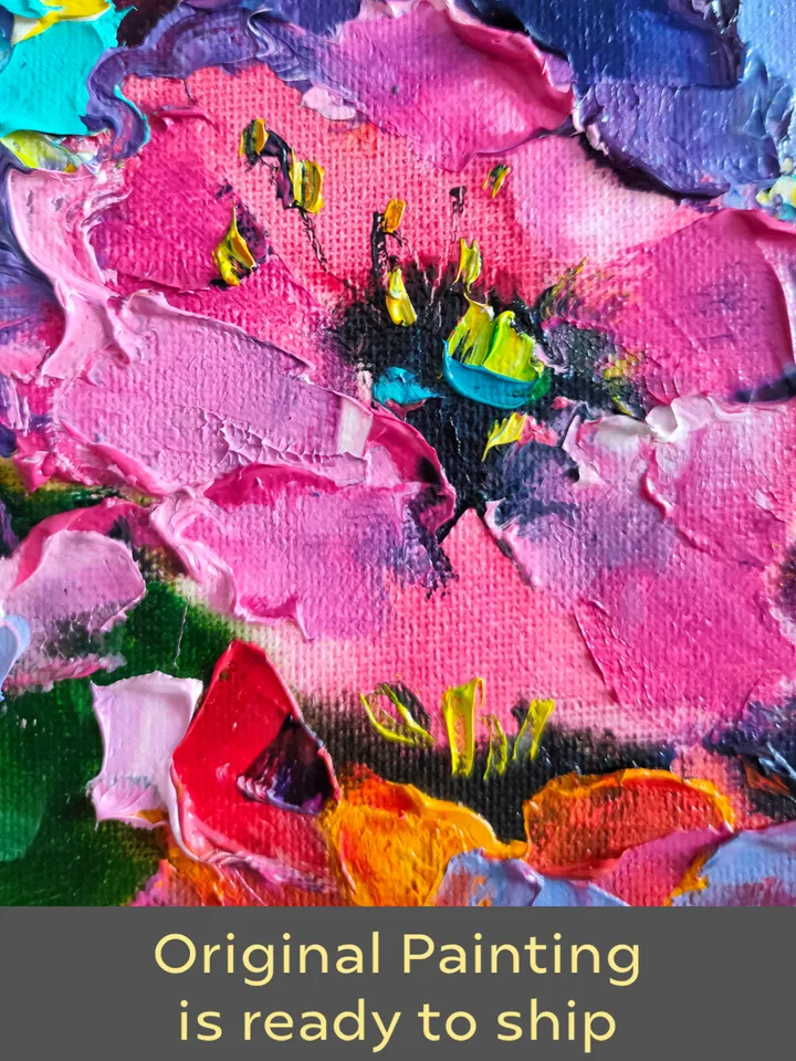 Bouquet Flowers Poppies Oil Canvas on Cardboard Original Art Painting Impasto Palette Knife 16 x 16 inches by Artist Natalia