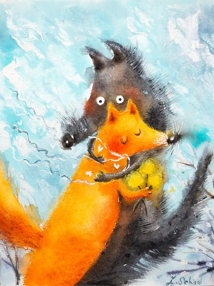 27x27cm Artwork by Julia Schigal "The Spring Date" - watercolor, gouache, pastel