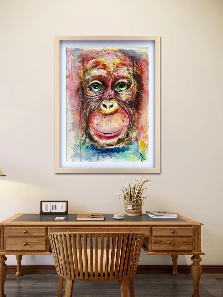 Funny Monkey original painting,watercolour mix media fantasy painting ,chimpanzee painting,animals original artwork,monkey wall art
