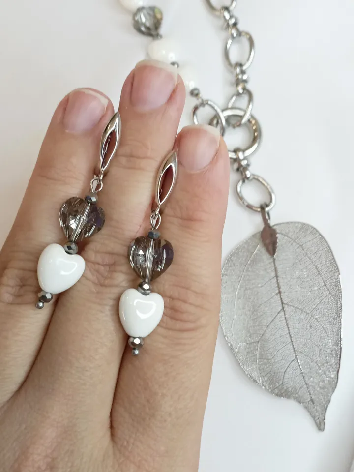 Heart necklace and earrings set silver white, statement necklace with leaf, heart love earrings, leaf pendant silver