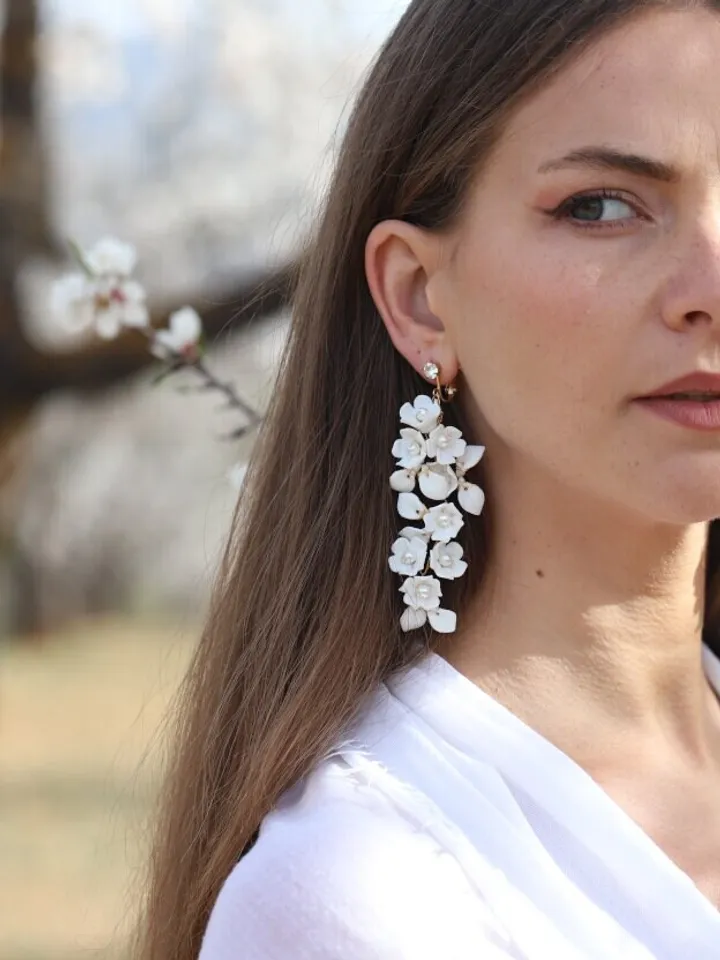 AVRIL , Delicate Pocelain Flowers and Leaves Boho Statement Wedding Earrings, Floral Bohemian Bridal Earrings, Leaf Wedding Earrings