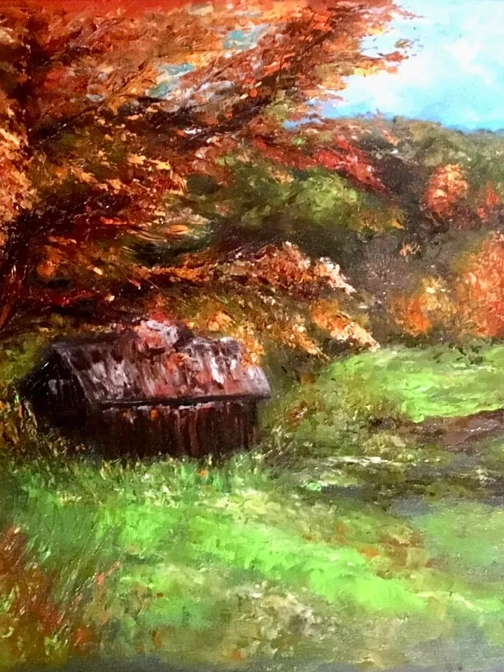 Autumn Landscape painting ,a barn house in the autumn wood painting,original oil painting.