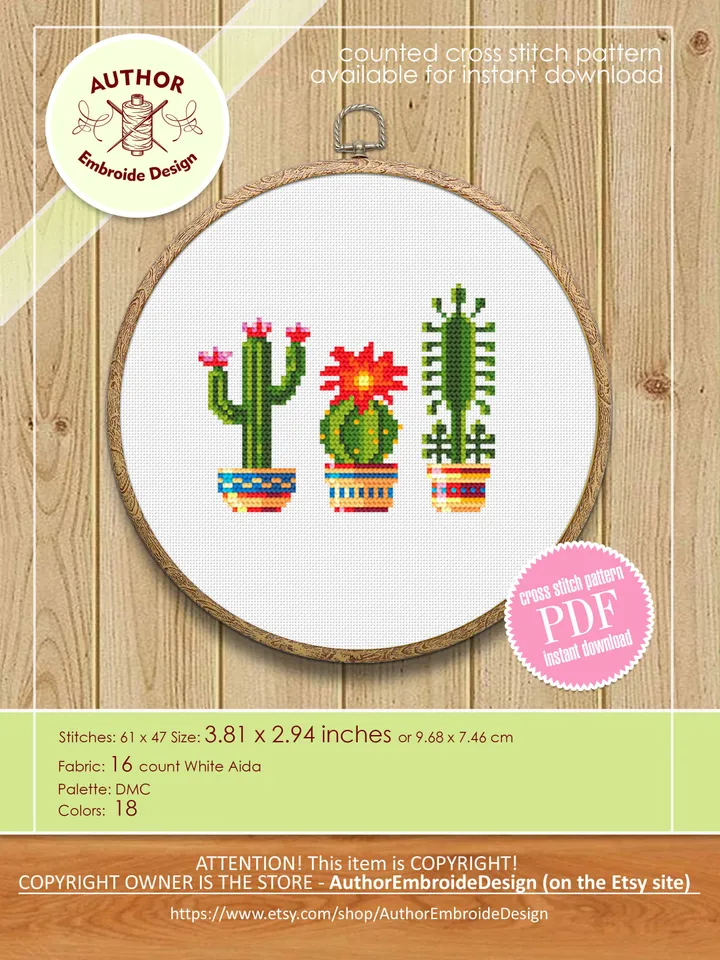 Cactus plant cross stitch pattern PDF download, Easy small cross stitch chart, Floral cross stitch sampler, Blooming cactus embroidery #P23