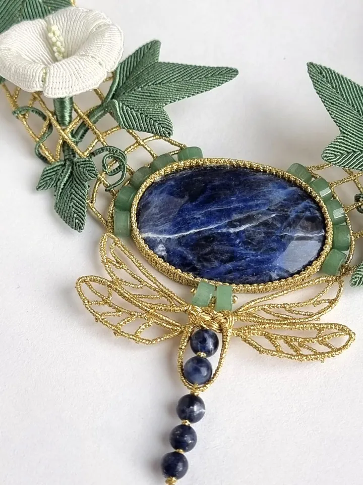 Art Nouveau Necklace with Flowers, Sodalite, and Dragonfly