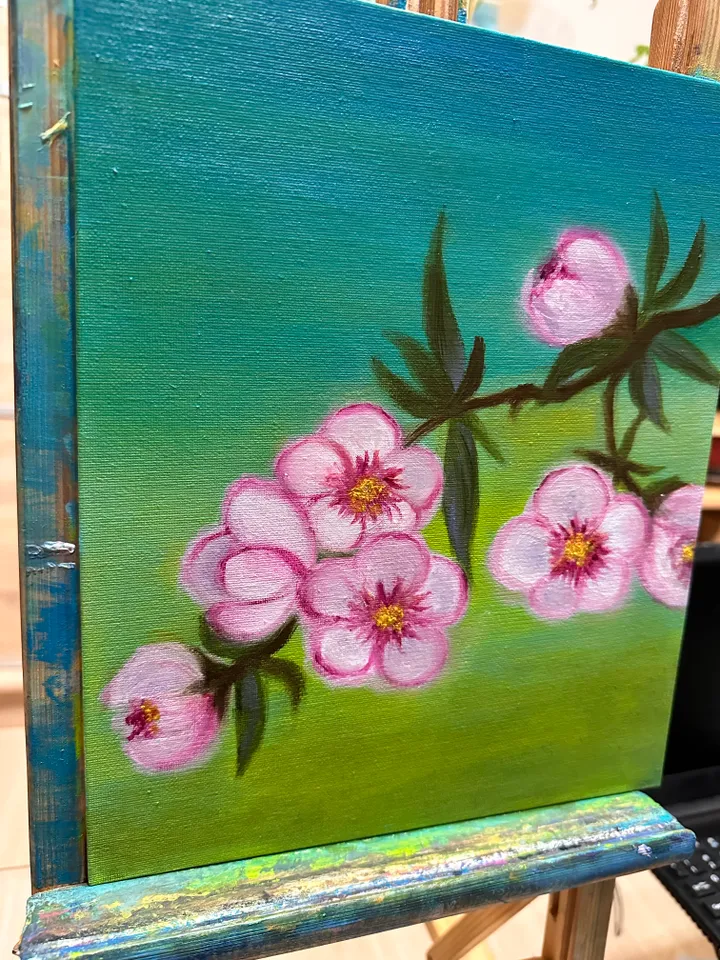 Oil Painting Blooming Branch Tree Flowers Spring Landscape Nature Wall Decor Canvas on Cardboard 12x10 inches 30x25 cm New Unframed