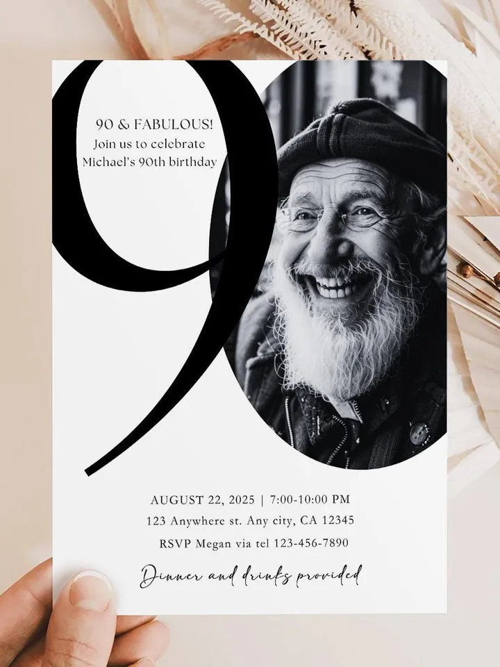 90th Birthday Party Invitation Card, Look Who's 90, Editable 90th Birthday Card Template, Printable Minimalist Birthday Photo Card Canva