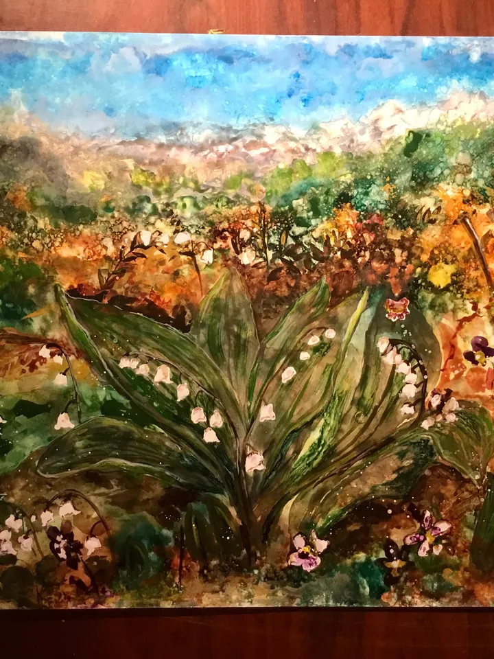Lillies of the valley original watercolour and alcohol inks mix media painting on yupo paper,flowers painting, flower fields landscape