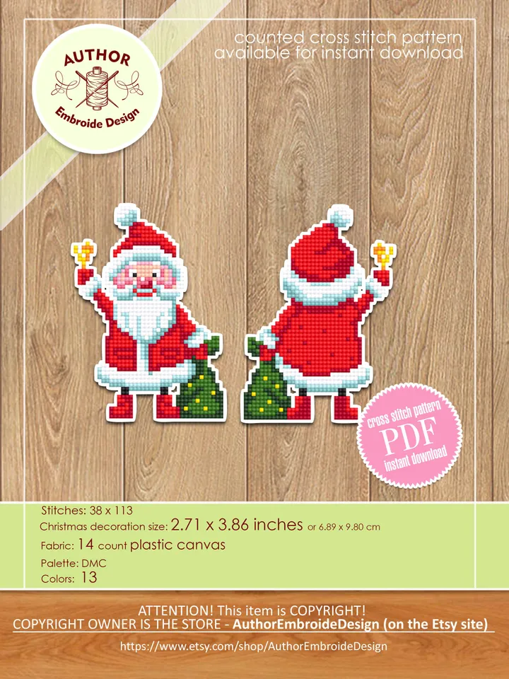 Santa Christmas tree decor for plastic canvas cross stitch pattern PDF download Double-sided Christmas ornament Plastic canvas pattern #N97
