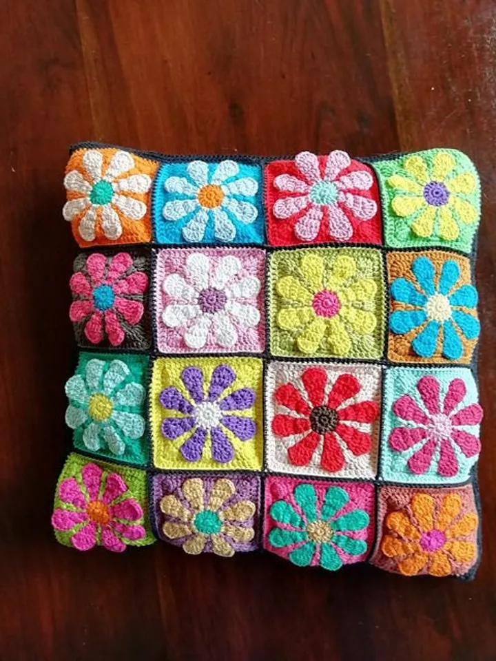 Crochet pattern daisy 3D retro flower granny square crochet pattern easy motif granny square blanket square
