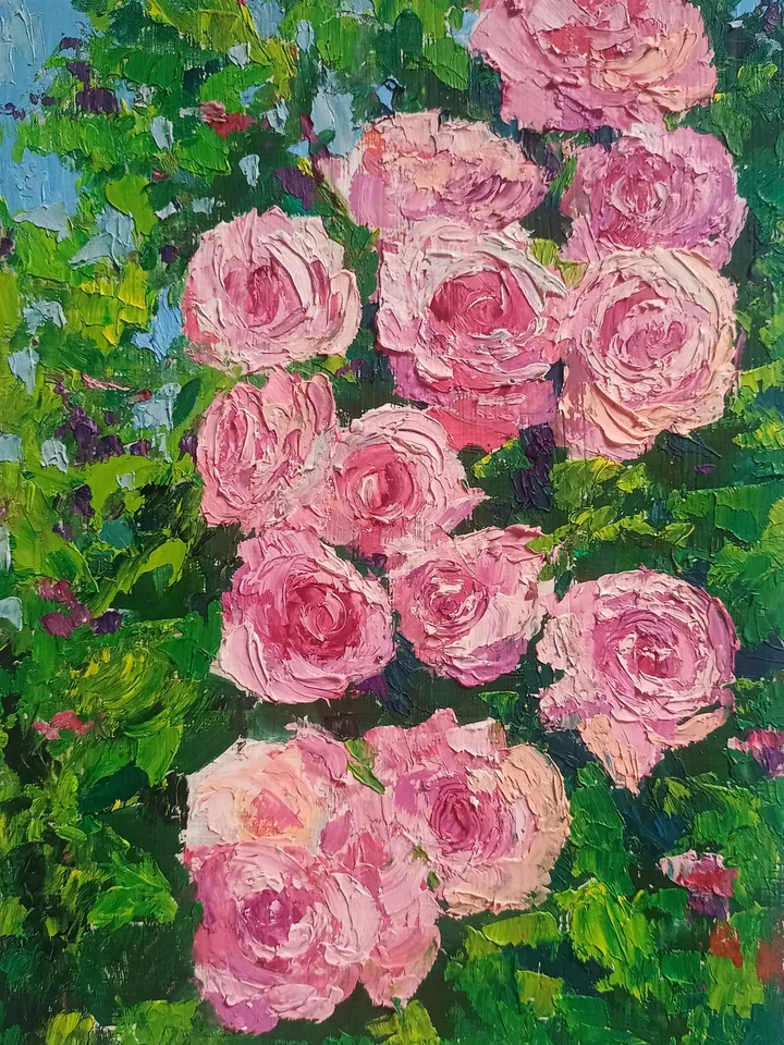 Pink flower portrait, pink flowers, pink flowers, oil painting, original art, beautiful flower painting art Roses art flower art impasto