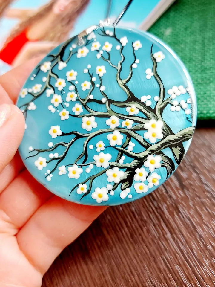 Pearl pendant necklace: Almond Blossoms by Vincent van Gogh on stylish mother of pearl necklace • Hand painted aesthetic pendant for women