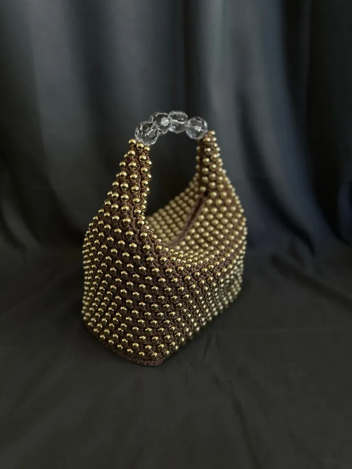 Womens crochet handbag with gold beads, luxury gold bag, vegan crossbody, top handle, small purse, gift for mother, shoulder bag