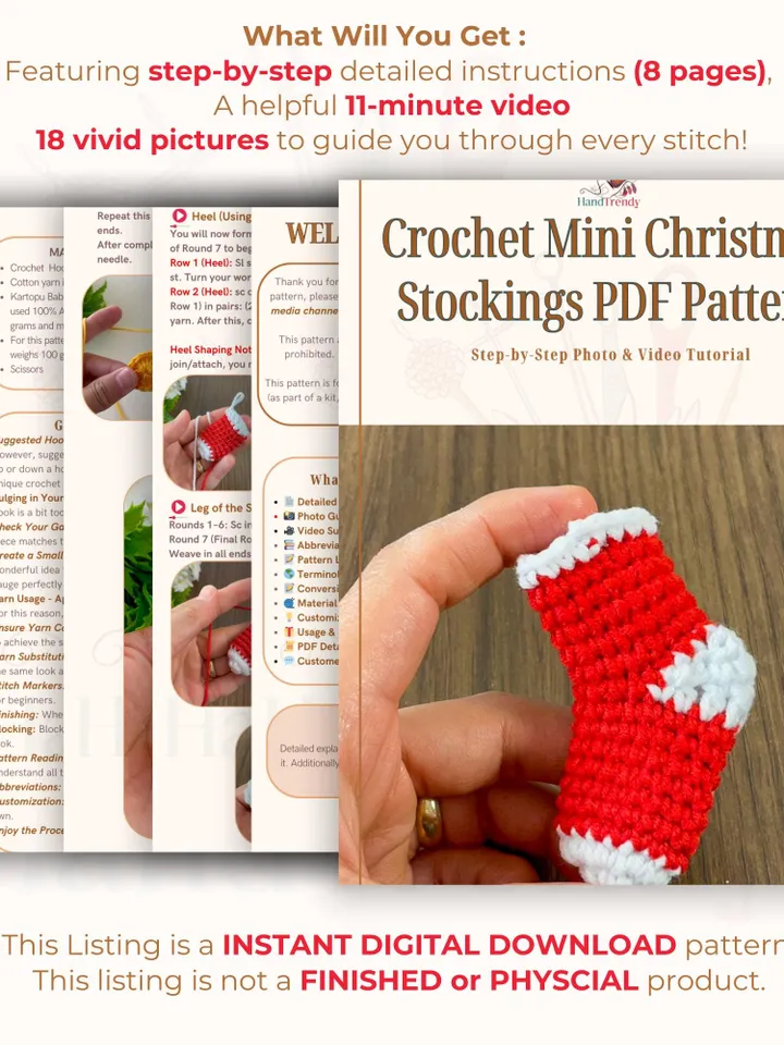 Crochet Mini Christmas Stockings PDF Pattern, DIY Holiday Ornaments, Handmade Festive Stocking Decorations, Cute Crochet Gift Bag Design